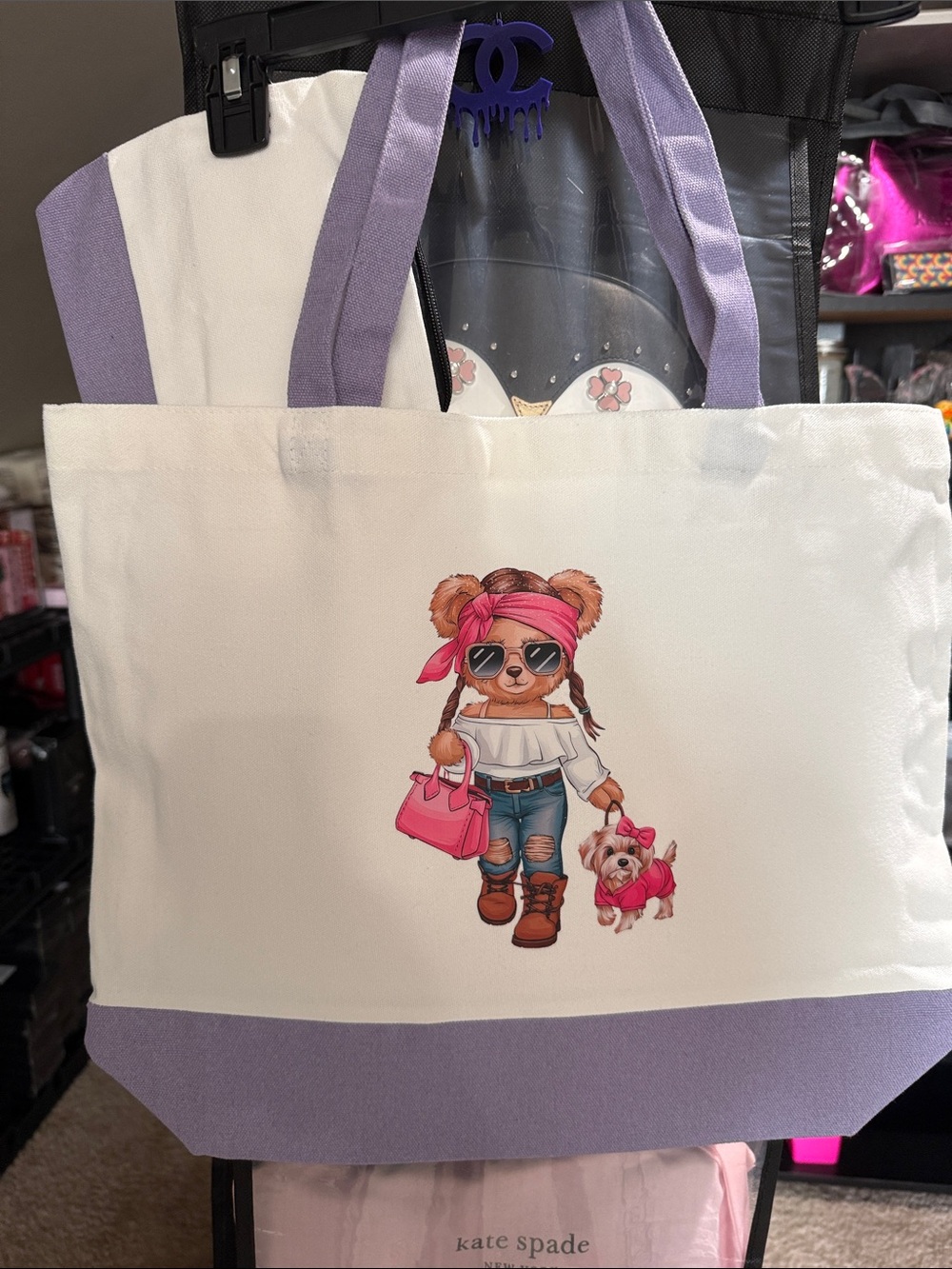 White & Pink Canvas Tote with Cute Dog Graphic - Picture 6 of 6